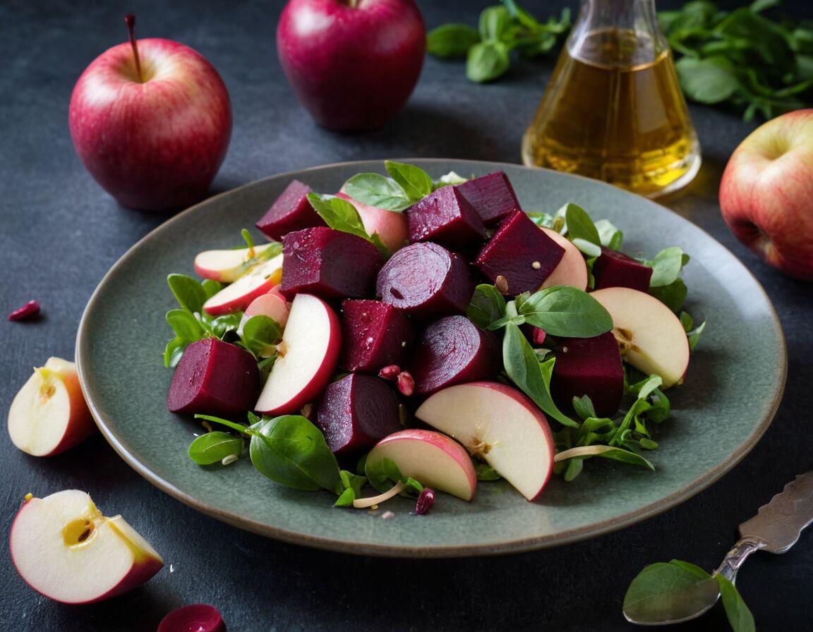 Dressing aus Olivenöl, Essig, Salz und Pfeffer zubereiten - Rote Bete Salat mit Apfel: Ein gesunder Genuss für jede Jahreszeit