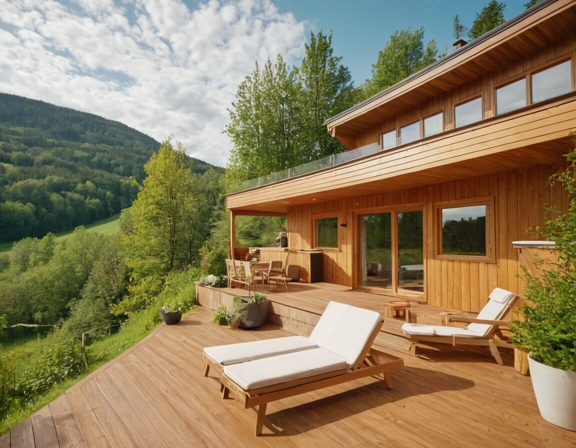 Große Terrasse mit Blick ins Grüne - Traumhafte Auszeit: Ferienhaus mit Sauna und Whirlpool für unvergessliche Entspannung