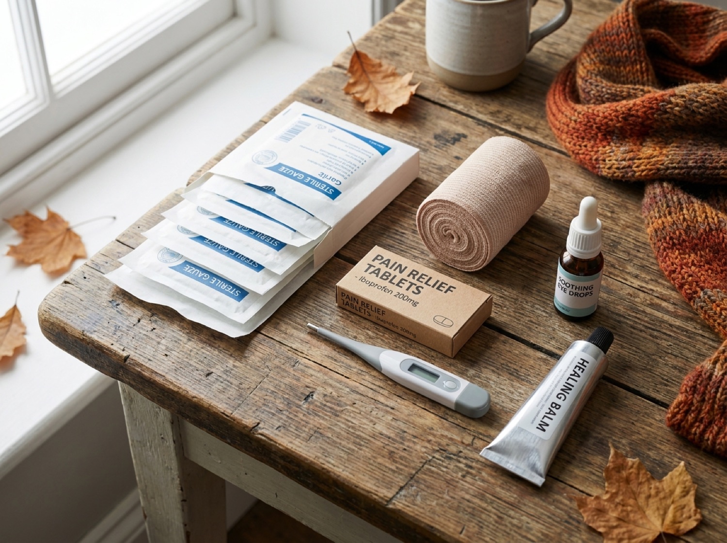 Ordentlich aufgeräumte Hausapotheke mit Verbandsmaterial, Thermometer und Salbe