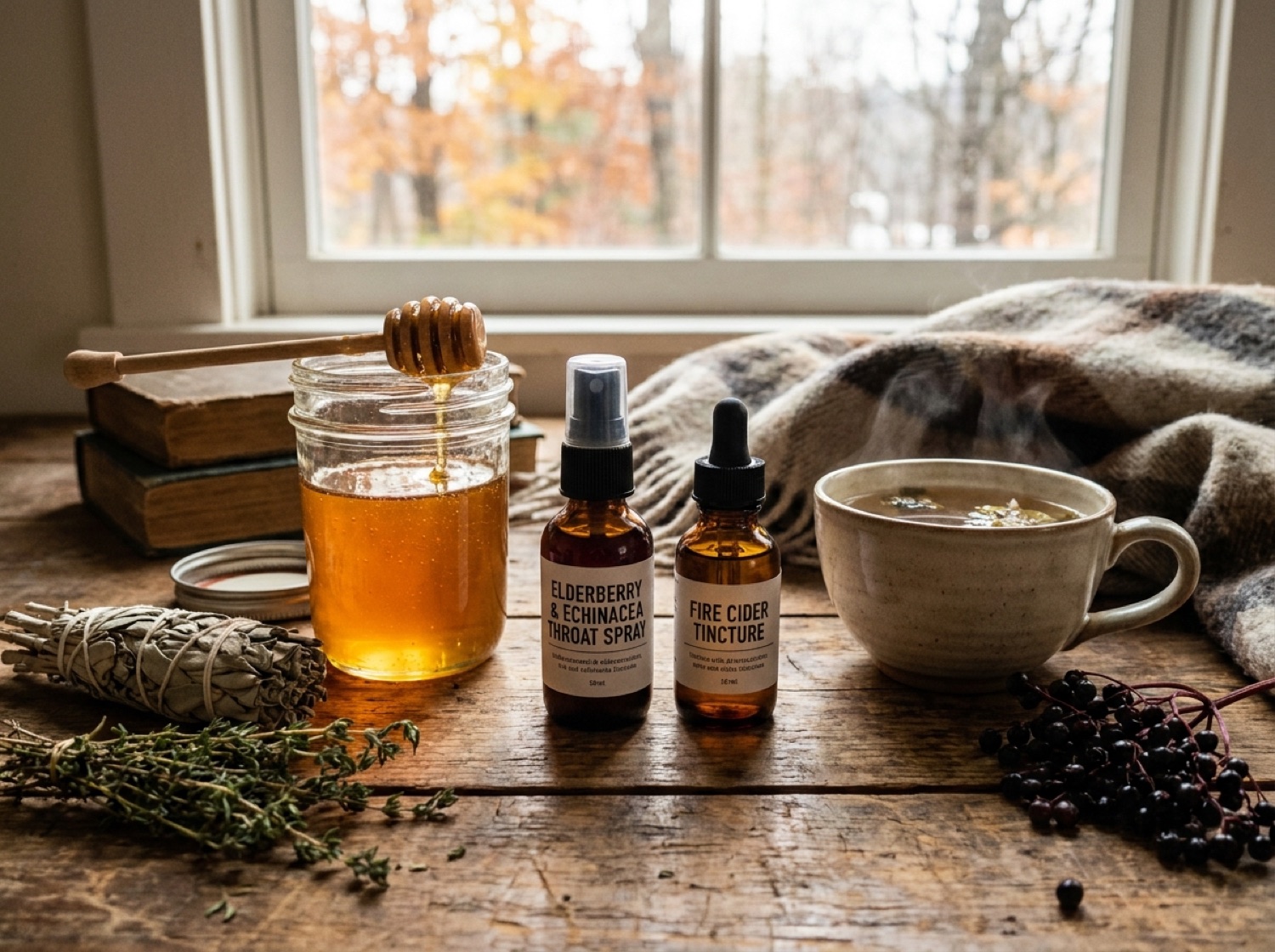 Naturprodukte wie Honig, Propolis-Tinktur und Salbeitee gegen Erkältung im Winter