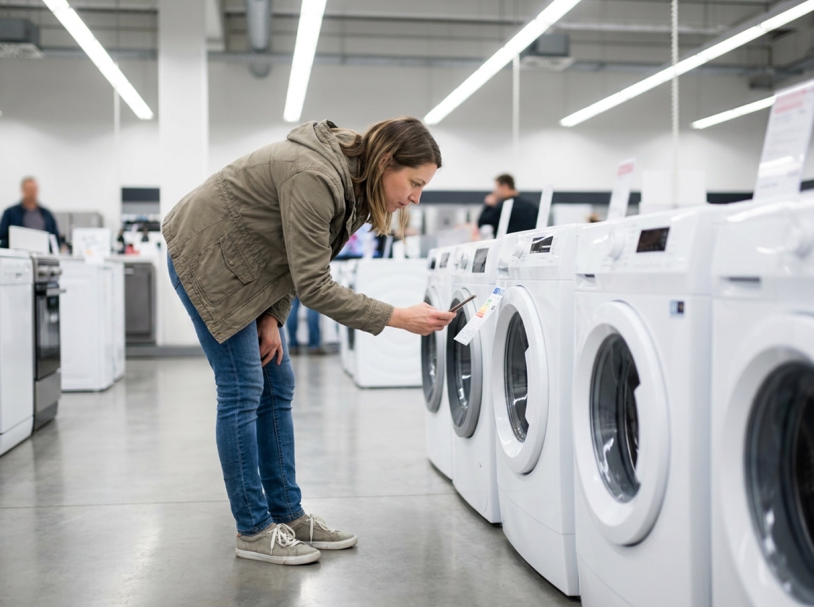 Frau liest im Elektromarkt aufmerksam das Energielabel einer Waschmaschine