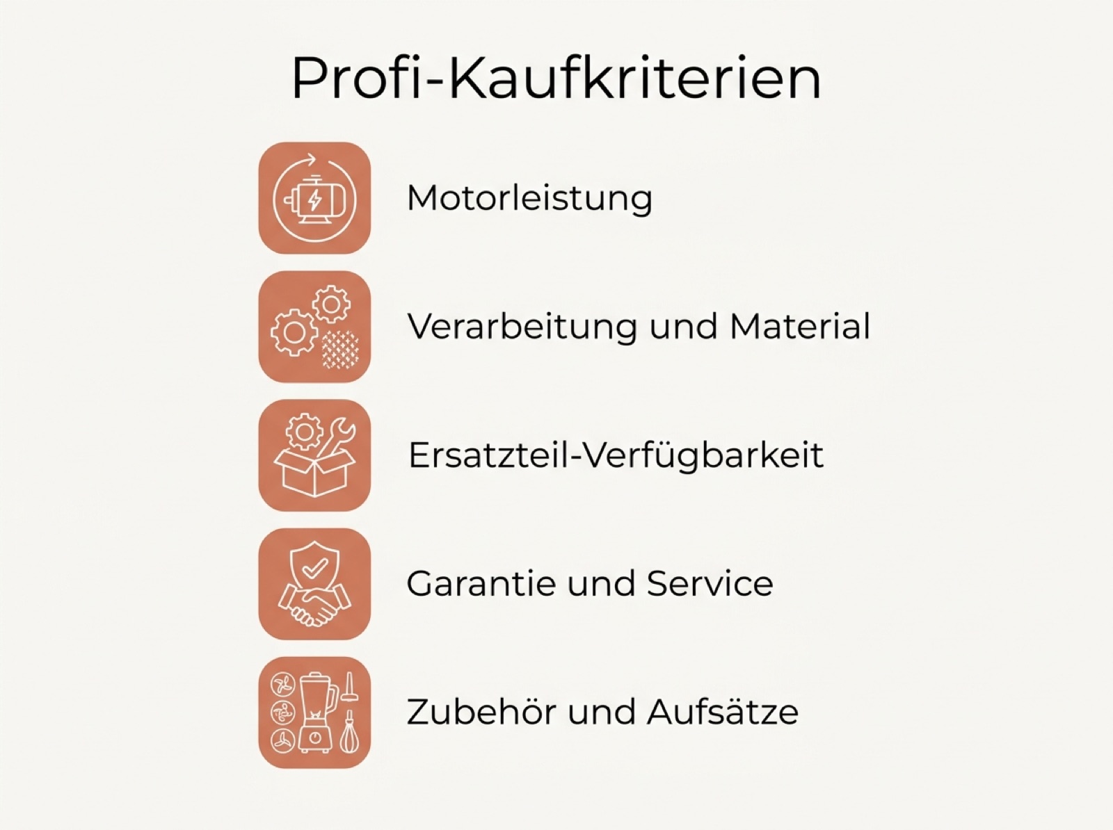 Infografik mit den fünf wichtigsten Kaufkriterien von Profis: Motorleistung, Verarbeitung und Material, Ersatzteil-Verfügbarkeit, Garantie und Service sowie Zubehör