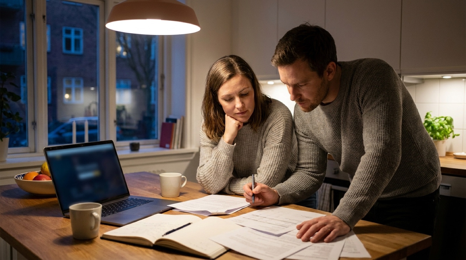Paar am Küchentisch prüft abends Unterlagen und Kontoauszüge zur Finanzierung