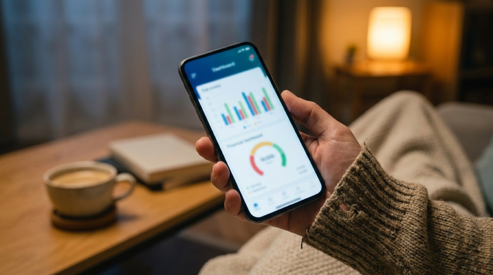 Person prüft am Abend eine Finanzübersicht auf dem Smartphone