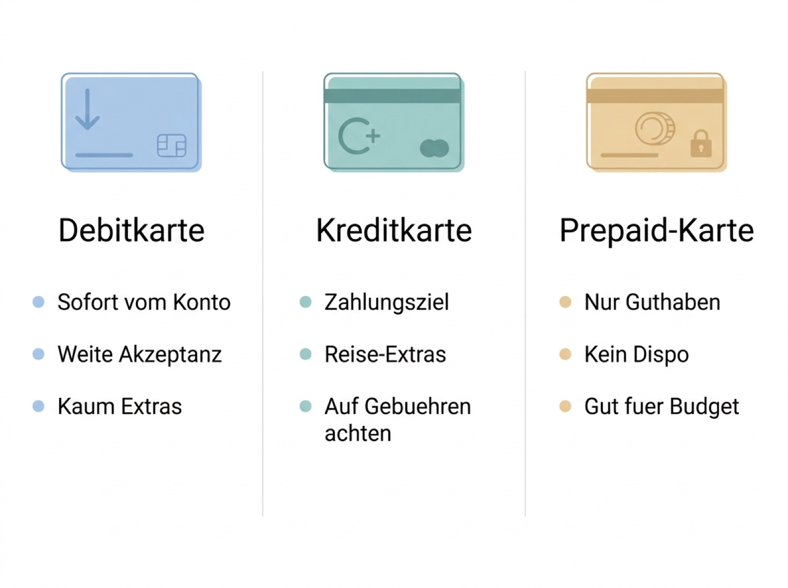 Infografik: Debitkarte, Kreditkarte und Prepaid-Karte im Vergleich mit ihren wichtigsten Eigenschaften