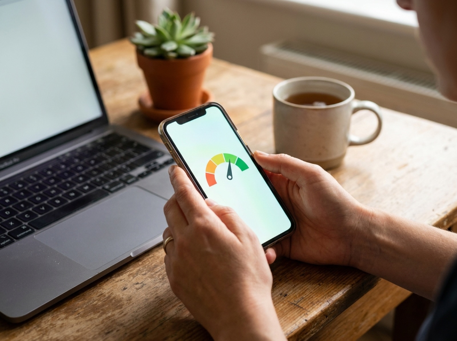 Hände halten ein Smartphone mit einer farbigen Score-Anzeige, im Hintergrund Laptop und Teetasse