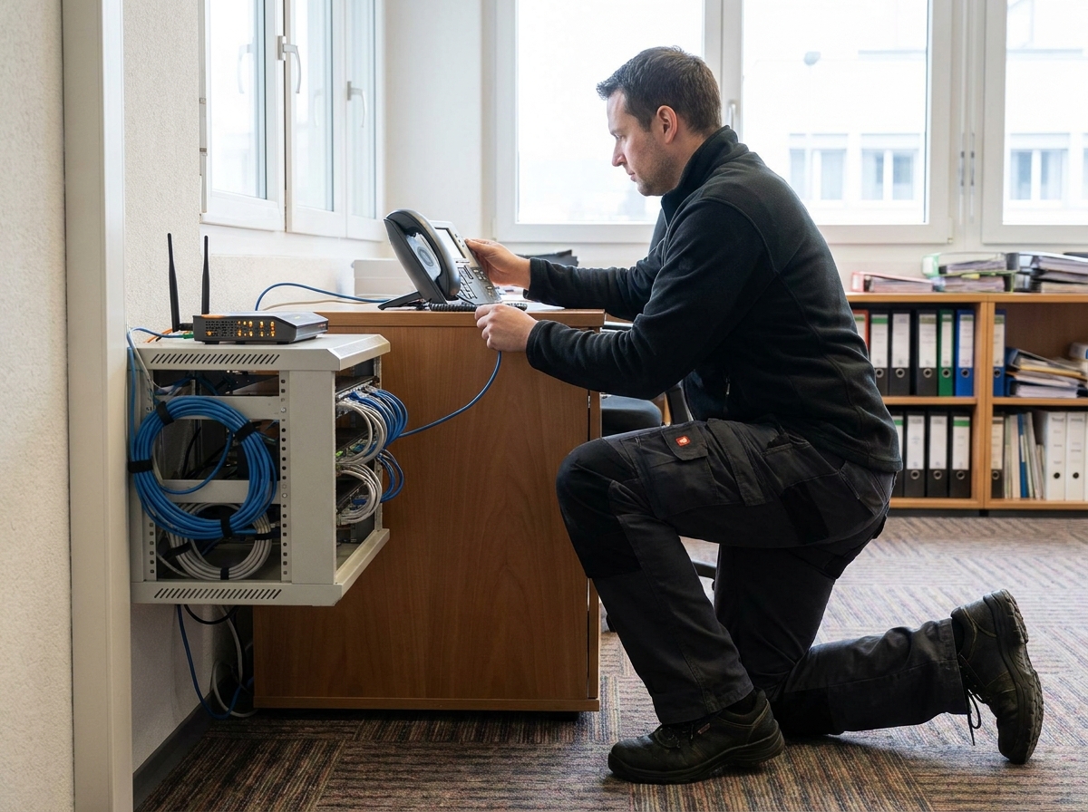 Techniker schliesst ein IP-Telefon in einem kleinen Schweizer Büro an