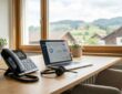 Moderner Arbeitsplatz in einem Schweizer Büro mit IP-Telefon und Headset