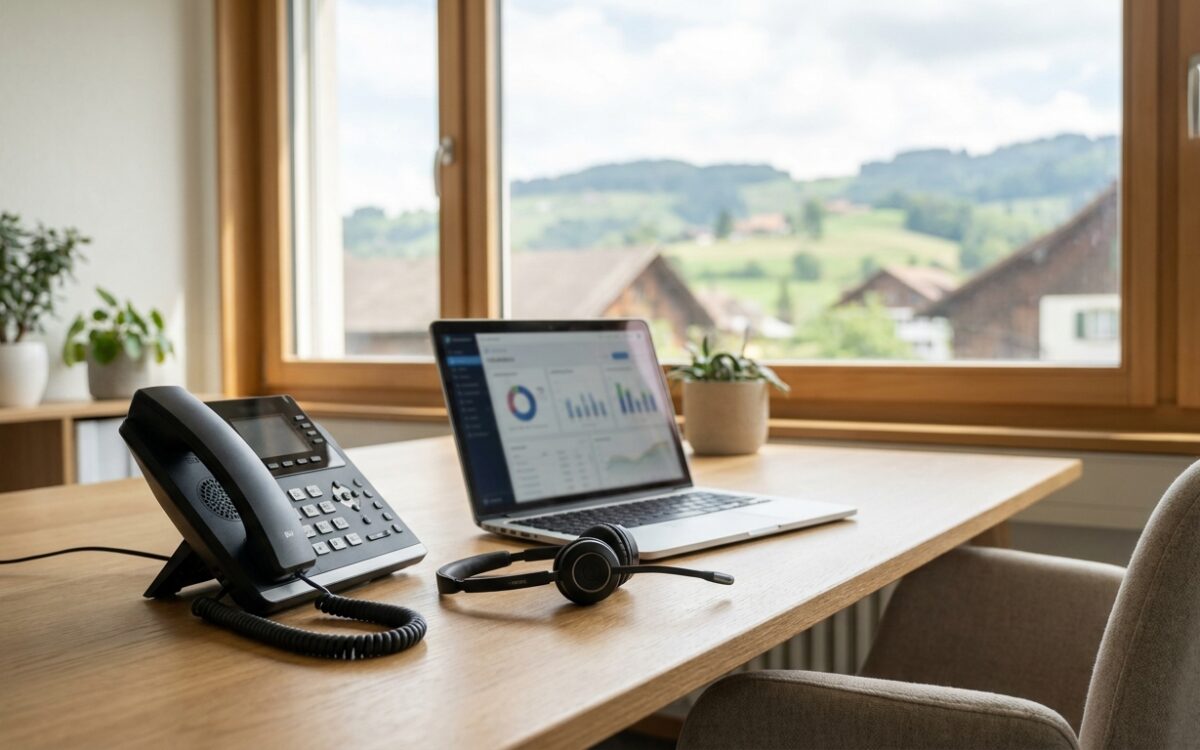 Moderner Arbeitsplatz in einem Schweizer Büro mit IP-Telefon und Headset