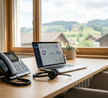 Moderner Arbeitsplatz in einem Schweizer Büro mit IP-Telefon und Headset
