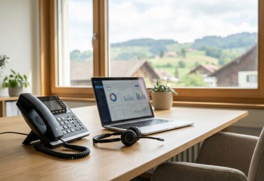 Moderner Arbeitsplatz in einem Schweizer Büro mit IP-Telefon und Headset