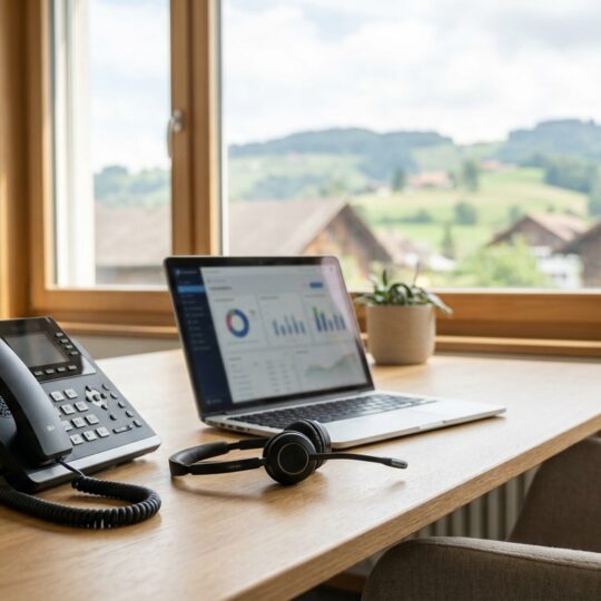 Moderner Arbeitsplatz in einem Schweizer Büro mit IP-Telefon und Headset