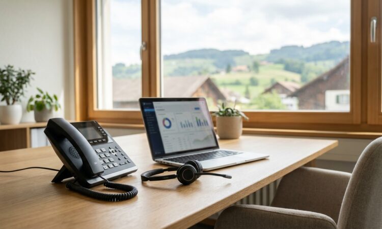 Moderner Arbeitsplatz in einem Schweizer Büro mit IP-Telefon und Headset